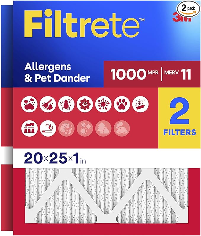 Filtrete 20x25x1 AC Furnace Air Filter, MERV 11, MPR 1000, Micro Allergen Defense, 3-Month Pleated 1-Inch Electrostatic Air Cleaning Filter, 2 Pack (Actual Size 19.688 x 24.688 x 0.84 in)