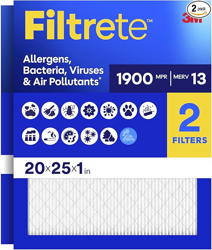 Filtrete 20x25x1 Air Filter, MERV 13, MPR 1900, 2 HVAC Filters | Allergens, Bacteria, Viruses & Air Pollutants, 3-Month AC/Furnace Filters, (Act. Size 19.62x24.62x0.78 in)