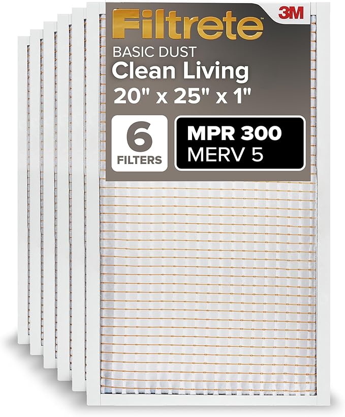 Filtrete 20x25x1 Air Filter MERV 5, 6-Pack AC Furnace HVAC Filters for Home, MPR 300 Basic Dust Defense, Pleated Electrostatic Removes Lint & Dust (Actual Size 19.69x24.69x0.81 in)