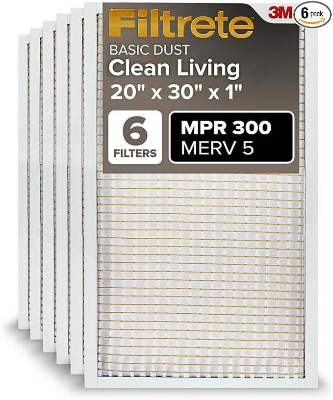 Filtrete 20x30x1 Air Filter MERV 5, 6-Pack AC Furnace HVAC Filters for Home, MPR 300 Basic Dust Defense, Pleated Electrostatic (Actual Size 19.81 x 29.81 x 0.81 in)