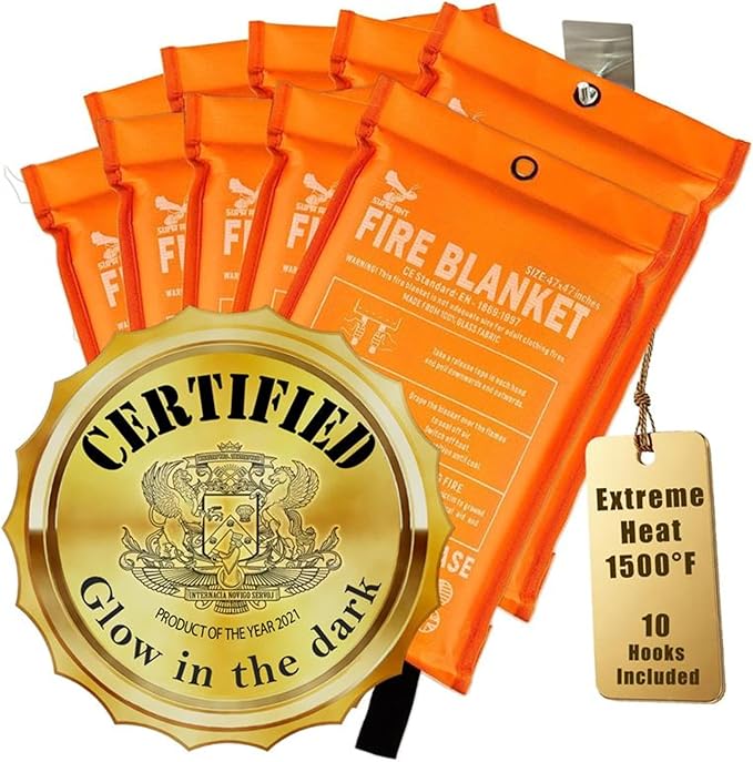 Fire Blanket - 1500F CE Certified Emergency Fire Blanket for Home and Kitchen. 500GSM Fabric & 0.5mm Thick - 100% Fiberglass Fire Extinguisher for Car,Warehouse Office -10pc (47x47 inches) by Supa Ant