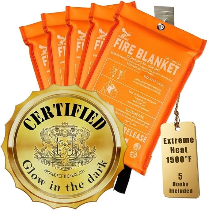 Fire Blanket -Certified 1500F Extra Thick, Glow In The Dark Fireproof Emergency Supplies. 500gsm, 0.5mm Thick Fire Blankets Emergency For Home. 5pc Fire Safety Emergency Blanket 40"x40" By Supa Ant