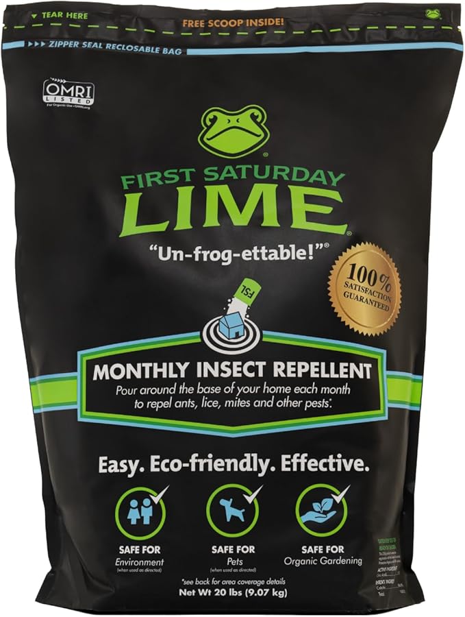 First Saturday Lime Insect Deterrent 20LB | Monthly Insect Barrier | Multi-Purpose Natural Repellent for Outdoors | Deters Ants, Ticks, Fleas & Others