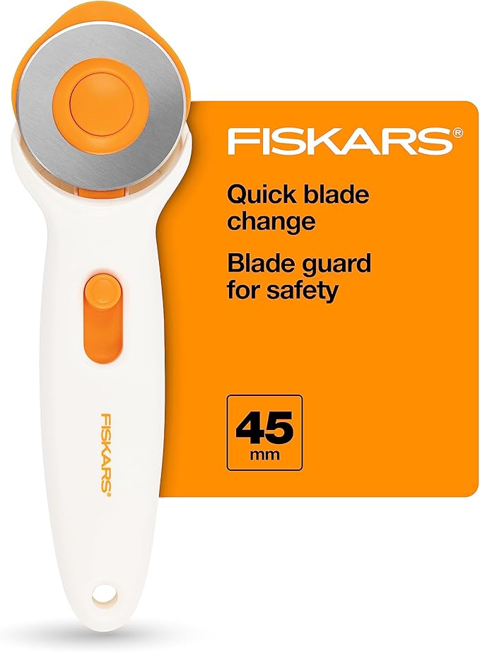 Fiskars 45mm Rotary Cutter for Fabric, Premium Steel Stick Fabric Cutter Cuts Through Multiple Layers, Right and Left Handed, Easy and Safe Blade Change, Arts and Crafts, Sewing and Quilting Tools