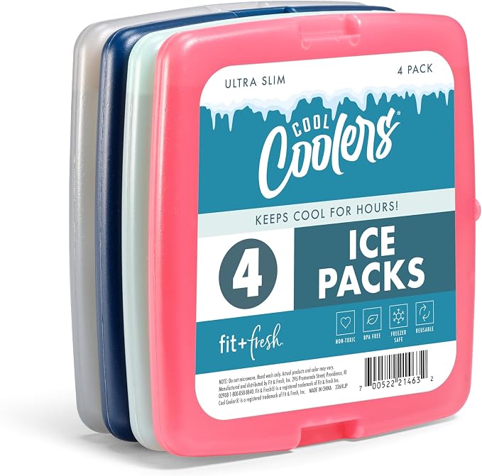 Fit + Fresh Cool Coolers Slim, Reusable Ice Packs for Lunch Bags, Beach Bags, Coolers, and More, Set of 4, Multicolored
