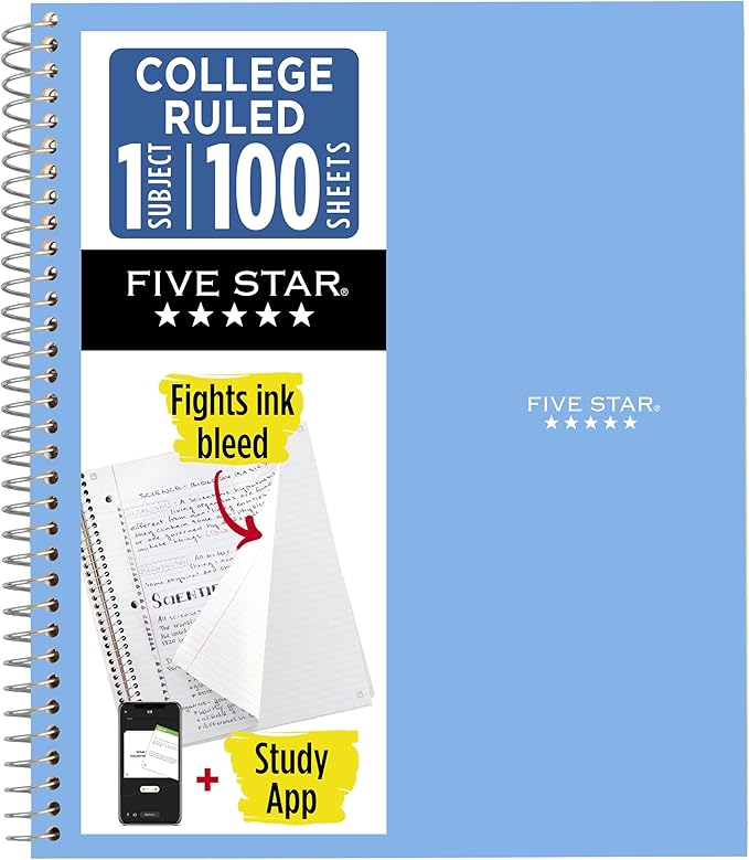 Five Star Spiral Notebook + Study App, 1 Subject, College Ruled Paper, 8.5" x 11", 100 Sheets, Blue (Color May Vary) (72565)