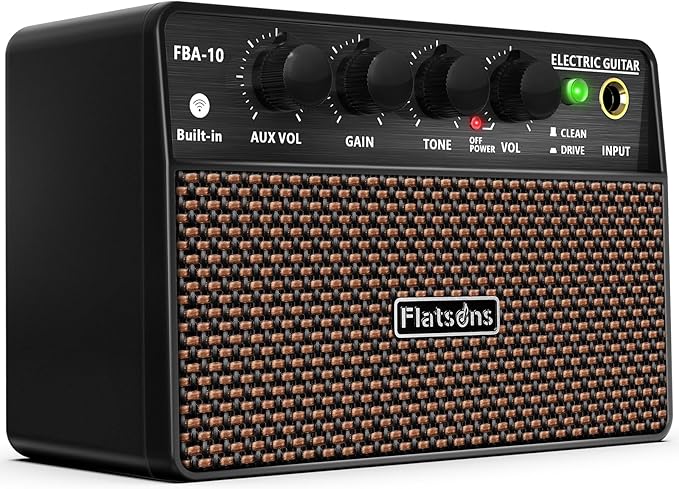 Flatsons FBA-10 Guitar Amp, 10W Mini Electric Guitar Amplifier with Clean/Drive Channel, 6H Working, USB-C Rechargeable, 3.5mm Headphone/AUX Jack, Wireless Portable Amp for Indoor Practice, Traveling