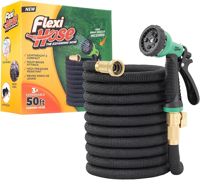 Flexi Hose Expandable Garden Hose with 8 Function Nozzle, 50FT - Lightweight Retractable Garden Hose, Water Hose - No-Kink Flexibility, 3/4 Inch Solid Brass Fittings and Double Latex Core