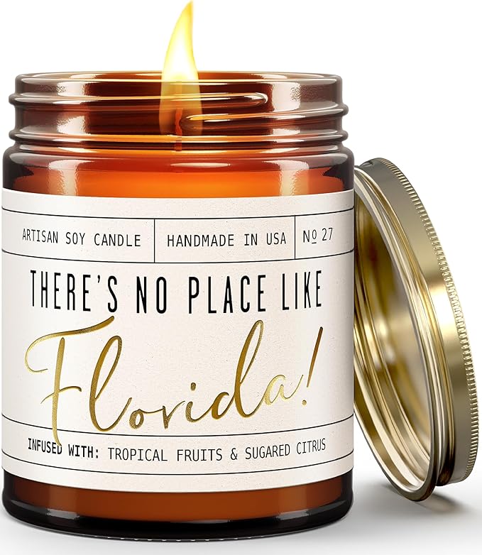 Florida Gifts, Florida Decor for Home - 'There's No Place Like Florida Candle, w/Tropical Fruits & Sugared Citrus I Florida Souvenirs I Florida State Gifts I 9oz Jar, 50Hr Burn, USA Made