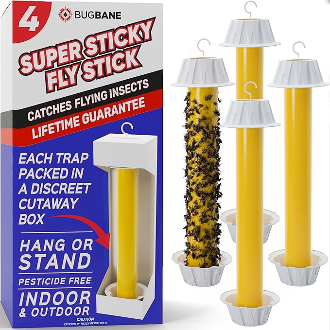 Fly Stick Sticky Fly Traps for Indoors Outdoor 4pk. Non-Toxic Super Sticky Hanging Flies Catcher Paper Tape Strips for Home. Catches All Bugs and gnats. Indoor Outdoor House Flying Insect Trap.