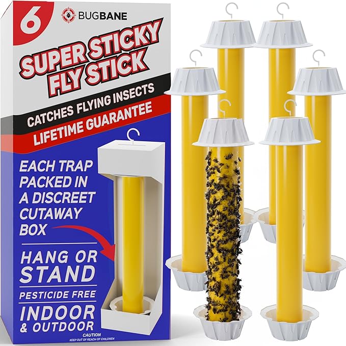 Fly Stick Sticky Fly Traps for Indoors Outdoor 6pk. Non-Toxic Super Sticky Hanging Flies Catcher Paper Tape Strips for Home. Catches All Bugs and gnats. Indoor Outdoor House Flying Insect Trap.