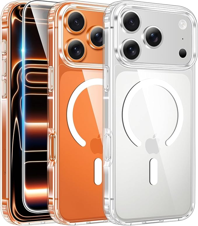 FNTCASE for iPhone 17 Pro-Max Case: Clear Magnetic Phone Cases with Screen Protector Compatible with Magsafe Slim Anti Yellowing Rugged Shockproof Protective Transparent Cell Cover (A-Clear)