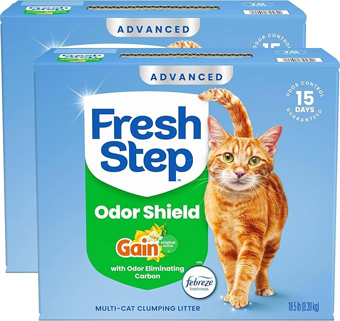 Fresh Step Advanced Odor Shield Multi Cat Clumping Litter with Febreze Freshness, Low Dust, Odor Control with Ammonia Block Tech, Compatible in Automatic Litter Boxes, 37 lb. (2 x 18.5 lb.)