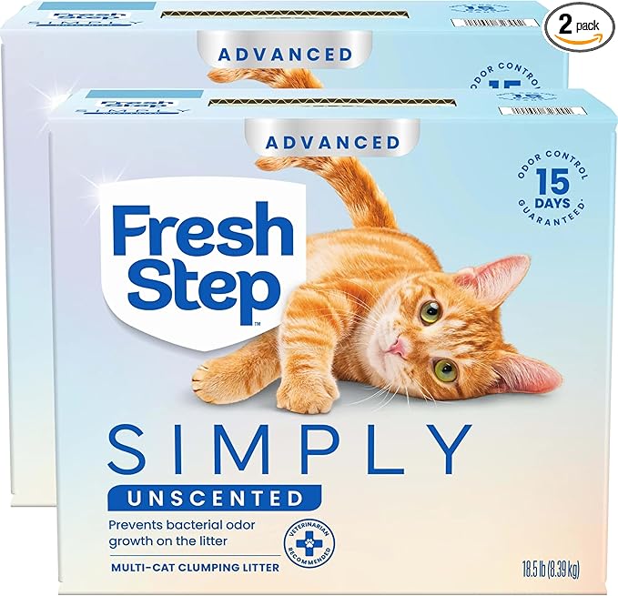 Fresh Step Advanced Simply Unscented Multi Cat Clumping Litter, Formulated With No Added Dyes or Fragrances, Ammonia Block Technology, Low Dust, 18.5 lb. Box, Pack of 2