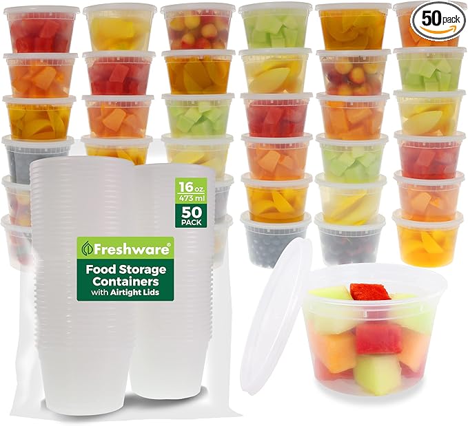 Freshware Food Storage Containers [50 Set] 16 oz Plastic Deli Containers with Lids, Slime, Soup, Meal Prep Containers | BPA Free | Stackable | Leakproof | Microwave/Dishwasher/Freezer Safe