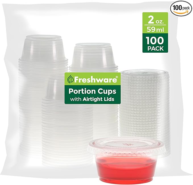 Freshware Plastic Portion Cups with Lids [2 Ounce, 100 Sets] Disposable Plastic Cups for Meal Prep, Salad Dressing, Jellos Shot Cups, Souffle Cups, Condiment and Dipping Sauce Cups
