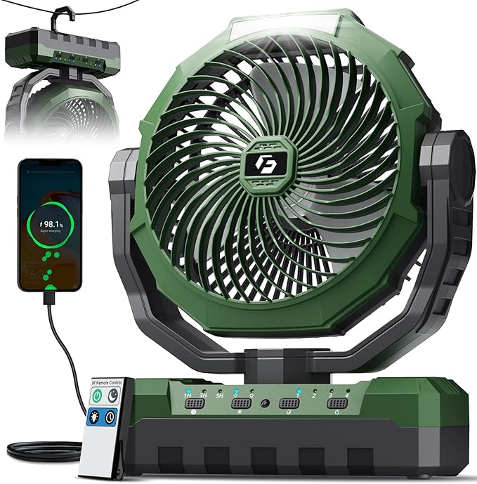 FRIZCOL 3-in-1 Camping Fan - Portable Fans Rechargeable - 24000mAh Battery Powered Fan with Light & Remote for Indoor, Outdoor, Tent, Travel, Fishing, Jobsite, Gifts for Men Dad Him - Green