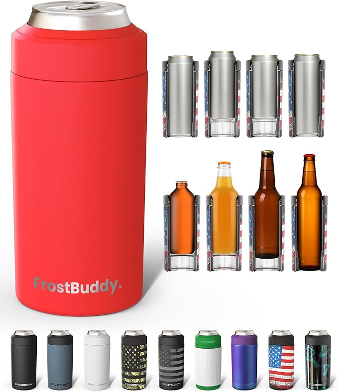 Frost Buddy Universal Buddy Can Cooler - Fits All - For Regular 12 & 16 oz or Slim-Size Bottles - Insulated Double-Walled Stainless Steel (Red)