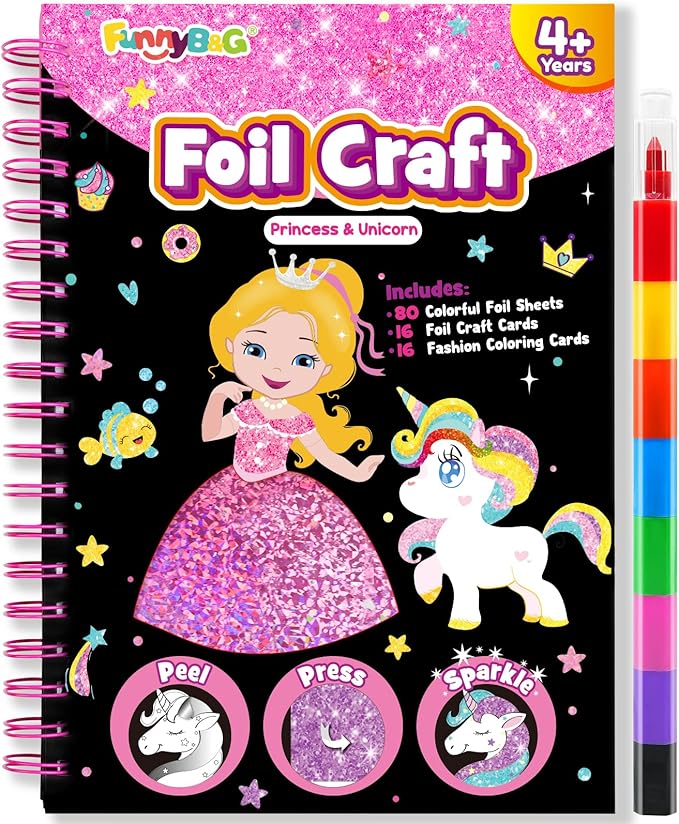 FUNNYB&G Foil Art Craft Kit for Girls 4-10 Years Old: Mess-Free & No-Glue, Create 16 Sparkly Princess Unicorn Pictures – Perfect Travel Toy & Birthday Gift for Kids (Princess)
