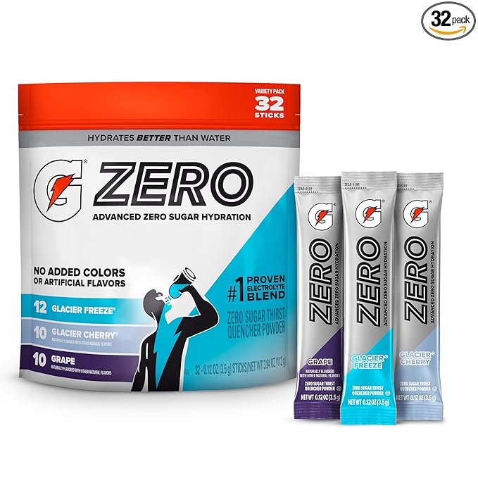 Gatorade Zero Sugar Electrolyte Powder Drink Mix, 3 Flavor Variety Pack, (32 Servings), No Artificial Flavors, No Added Colors, Zero Sugar, Sports Drinks, Hydration, Electrolyte Drink
