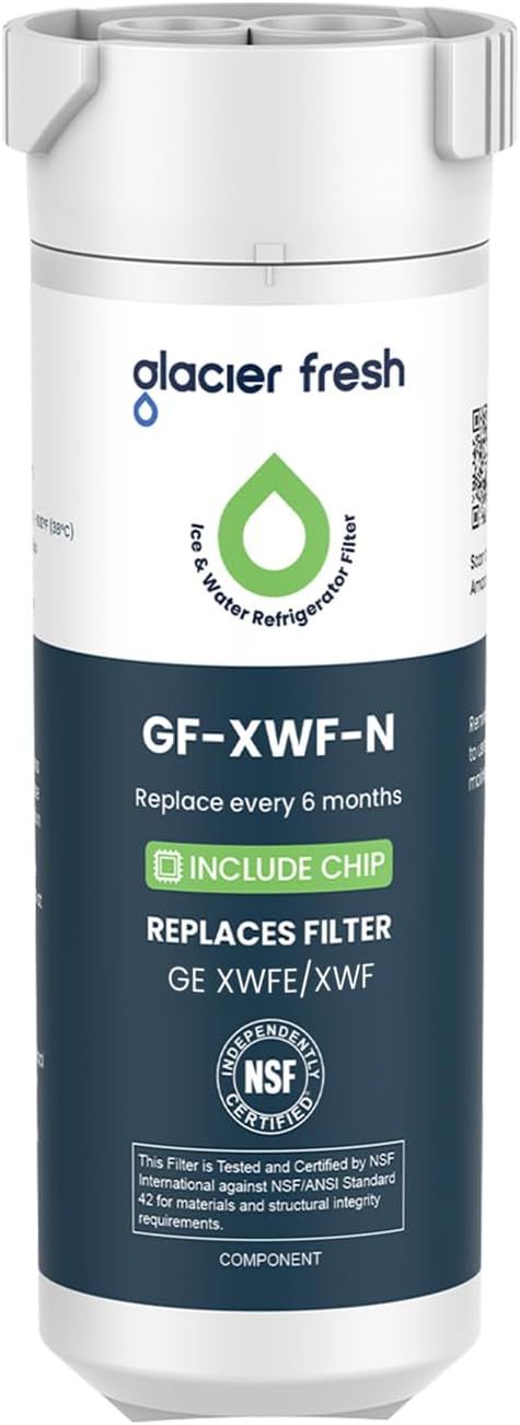 GLACIER FRESH Water Filter Compatible with XWFE (Built-in CHIP), Replacement for GE XWFE, XWF Refrigerator Water Filter NSF/ANSI 42 Certification Pack of 1