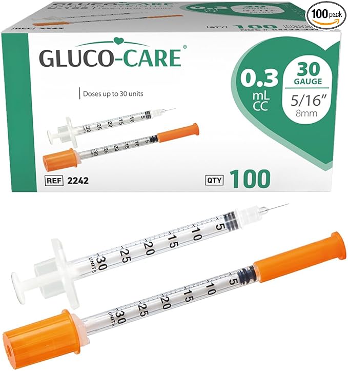 GLUCO-CARE 0.3 ml/cc Syringes 30G x 5/16’’ (8mm), Orange Cap, 100/box