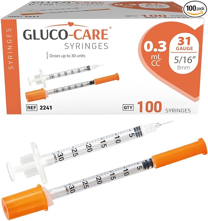 GLUCO-CARE 0.3 ml/cc Syringes 31G x 5/16’’ (8mm), Orange Cap, Box of 100 pcs