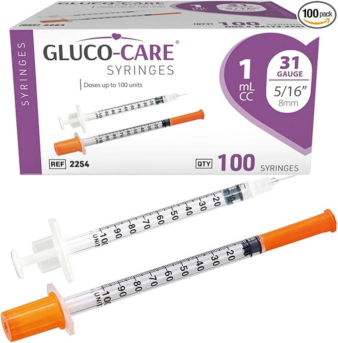 GLUCO-CARE 1 ml/cc Syringes 31G x 5/16’’ (8mm), Orange Cap, 100/box