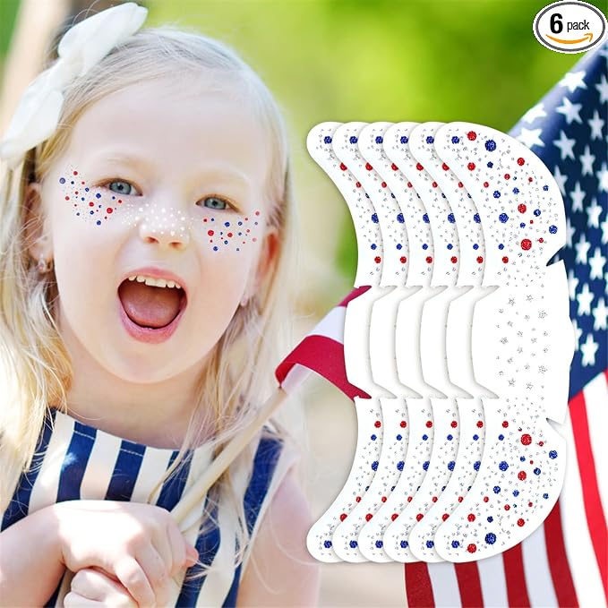 Go Ho Patriotic Red White and Blue Glitter Freckles Face Tattoo,4th of July Freckles Sparkle,4th of July Accessories,Fourth of July Outfit Women for Independence Day 250 Anniversary USA,6 Pcs