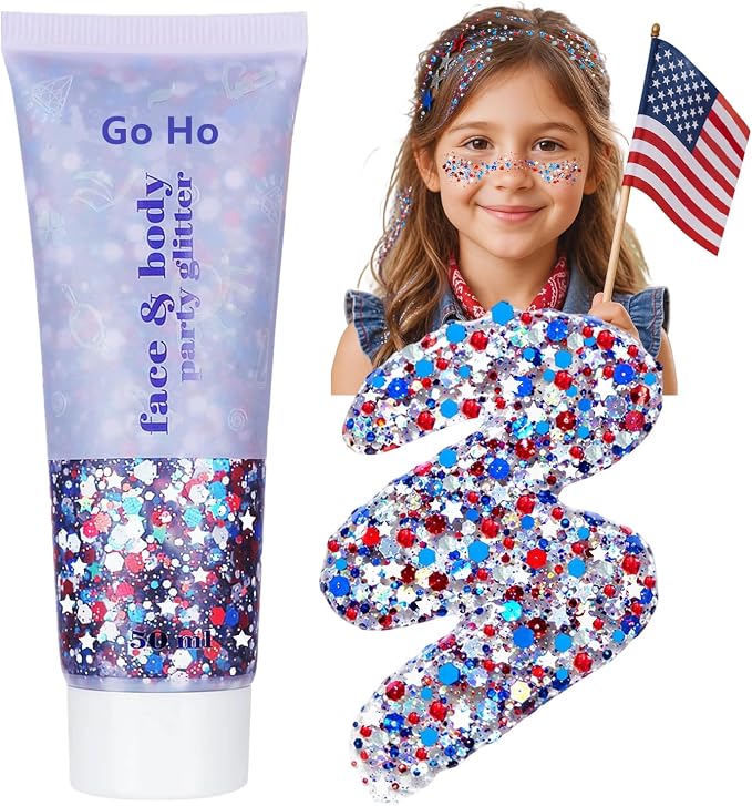 Go Ho Red White and Blue Hair Body Glitter,4th of July Glitter Stick,4th of July Outfits and Accessories for Women Kids,Patriotic USA Flag Face Glitter for 250 Anniversary USA Independence Day