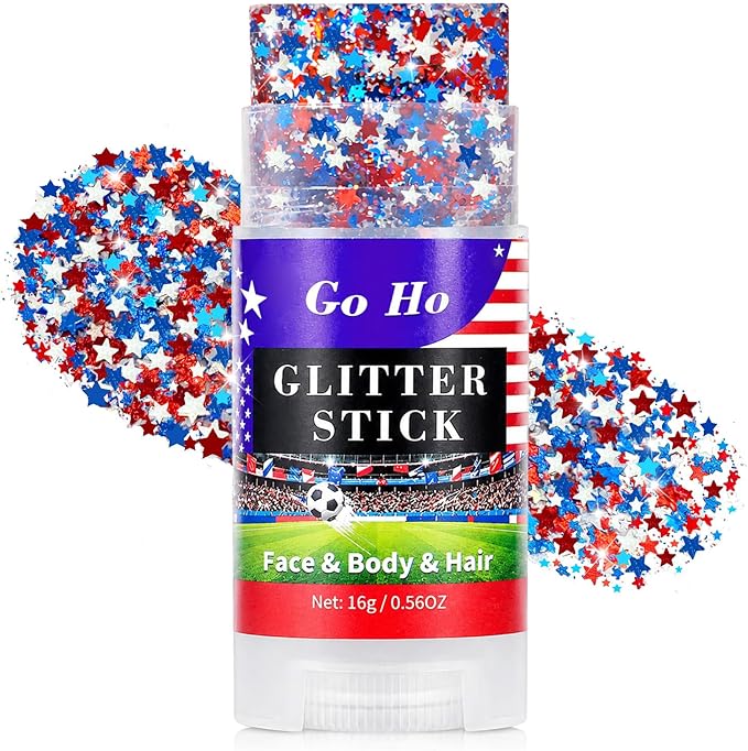 Go Ho Red White and Blue Star Face Glitter Stick,Waterproof Body&Hair Glitter,4th of July Accessories,Patriotic USA Flag Sparkle Stick for Soccer Game Independence Day 250 Anniversary Makeup
