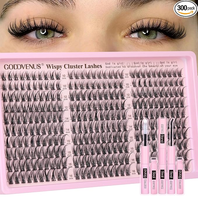 Goddvenus Lash Clusters Kit Wispy Eyelash Clusters Lashes Natural DIY Lash Extension Kit 10-16mm Cluster Eyelash Extensions Kit 300pcs C Curl Individual Lashes Cluster Eyelash (No Tweezers)