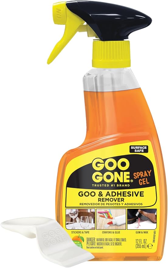 Goo Gone Spray Adhesive Remover Gel 12 Oz with Scraper, Removes Glue, Stickers, Tape Residue, Grease, Gum & Wax, Adhesive Spray with Citrus Cleaning Power for Hard Surfaces, Carpets & Fabrics