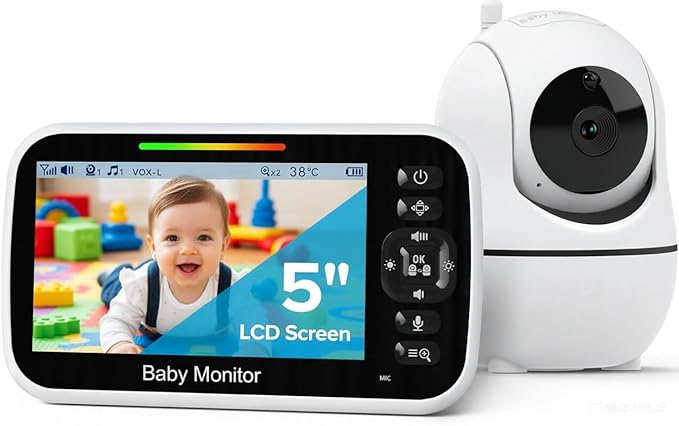 GoodBaby 5" Baby Monitor with Camera and Audio, No WiFi Secure FHSS, 30-Hour Battery, Remote PTZ, Auto Night Vision, Room Temperature, Two-Way Audio，Lullabies，1000ft Range