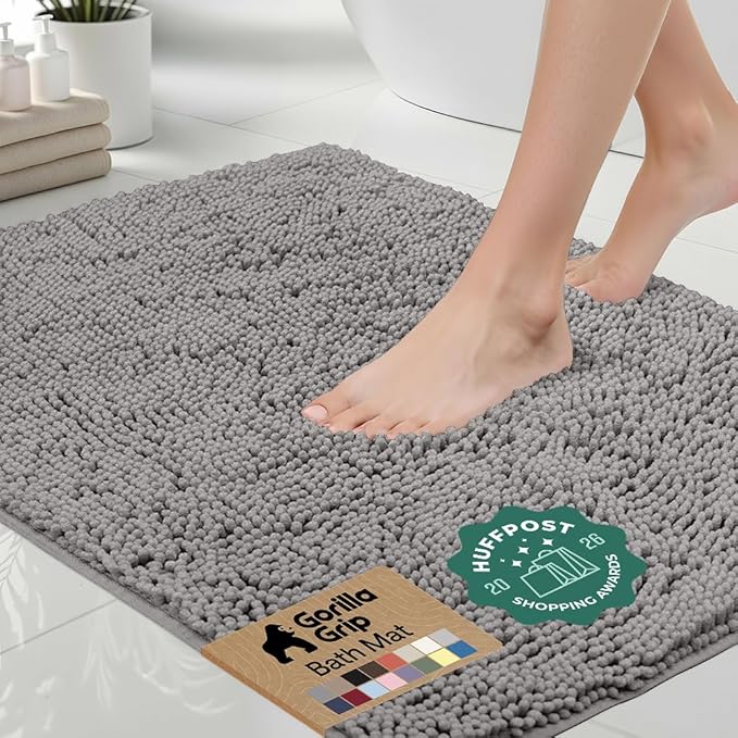 GORILLA GRIP Bath Rug Mat, Thick Soft Absorbent Chenille, Quick Dry Microfiber Mats, Rubber Backing, Machine Washable Shower Floor Rugs, Bathroom Bathmat Home Decor Accessories, 24x17 Grey