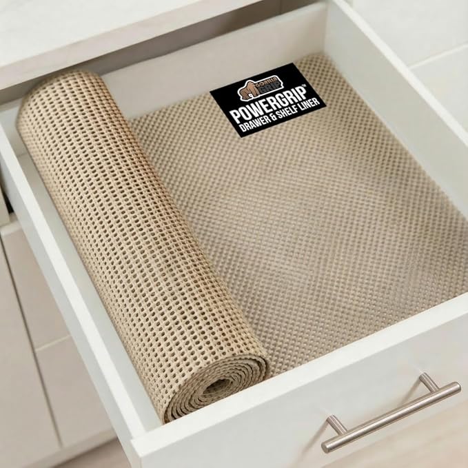 GORILLA GRIP powerGRIP Drawer Shelf and Cabinet Liner, Thick Strong Hold, Non-Adhesive Liners Protect Kitchen Cabinets and Cupboard, Bathroom Drawers, Easy Install Mat, 12" x20', Beige