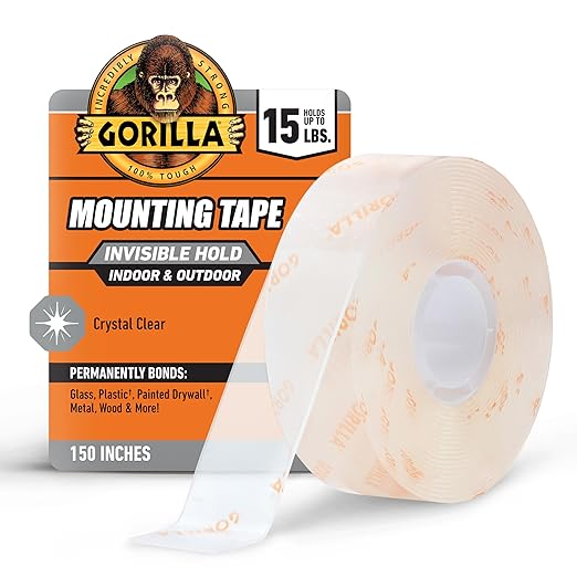 Gorilla Invisible Hold Mounting Tape, 1" x 150" (Pack of 1), Clear Double Sided Tape for Strong, Permanent Indoor & Outdoor Hanging