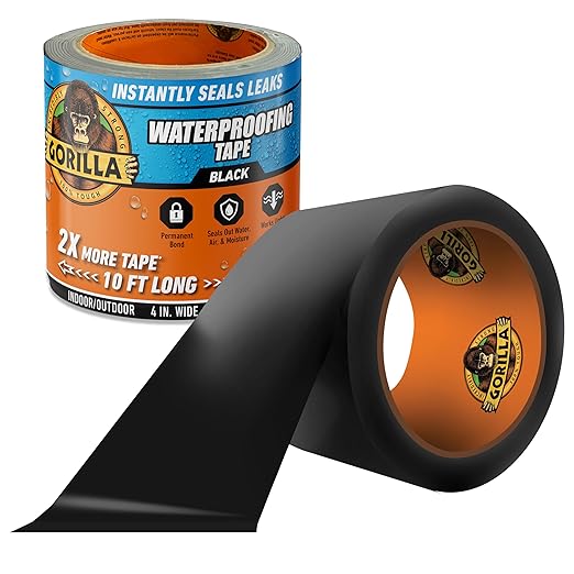 Gorilla Waterproof Patch & Seal Tape, Black Tape, 4" x 10' (Pack of 1) - Permanent Weather Resistant Seal for Leaks and Repairs