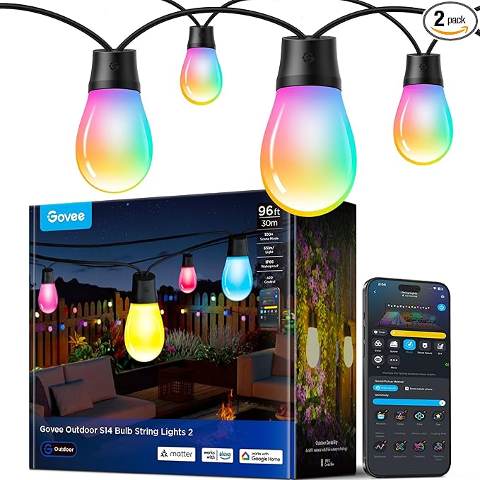 Govee S14 Bulb Outdoor String Lights 2, 96ft Smart RGBIC Warm White Lights with 30 LED Bulbs(2 Ropes of 48ft), 111 Scene Modes for Patio Decor, IP66 Compatible with Alexa, Google, Matter, APP Control