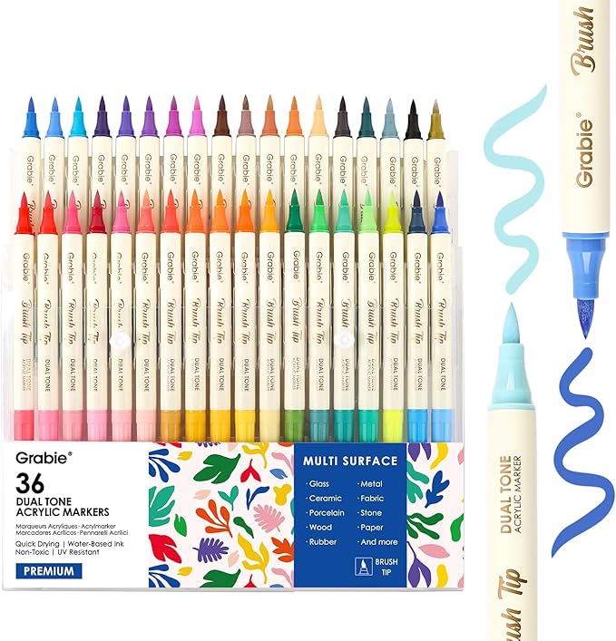 Grabie 72 Colors Acrylic Paint Markers, 36 Pack Dual Tip Soft Brush Acrylic Markers, Water-Based Paint Pens for Paper, Rock Painting, Wood, Canvas, Glass, Fabric, DIY Craft Art Supplies for All Ages