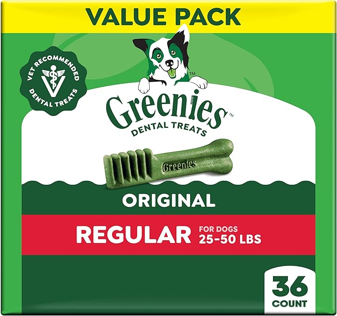 Greenies Veterinarian-Recommended Adult Natural Dental Dog Treats Regular Size, Dog Dental Chews, Original Flavor, 36 oz. Pack, 36 Count