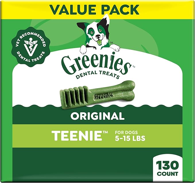 Greenies Veterinarian-Recommended Adult Natural Dental Dog Treats Teenie Size, Dog Dental Chews, Original Flavor, 36 oz. Pack, 130 Count