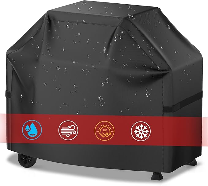 Grill Cover, 58 inch BBQ Gas Grill Cover for Outdoor Grill, Waterproof, Anti-UV, Rip-Proof, Fade Resistant Material, Barbecue Cover with Hook-and-Loop Straps & Adjustable Hem Drawstring, Black