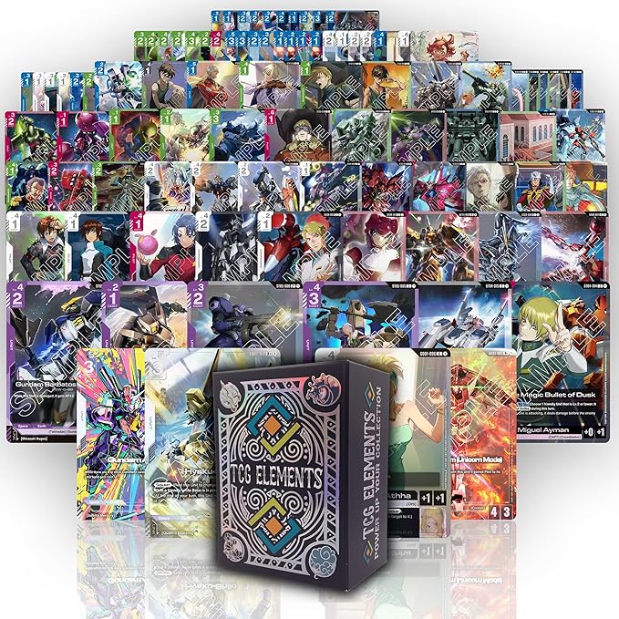 Gundam Trading Card Bundle, 100+ Authentic Cards with 2 LR/C+/C++/U+/R+/LR+/LR++ Cards, 10 Foil Cards, 100 Uncommons/Commons, Protective Deck Box Included