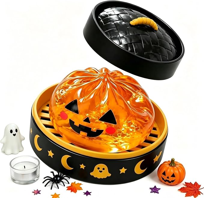 Halloween Spooky Glitter Dumpling Squishies Toys, Dumplings Stress Balls for Adults Fidget Toy with Steamer, Cute Halloween Decor Ghost Bao Bun Squishes for Anxiety Relief, Orange