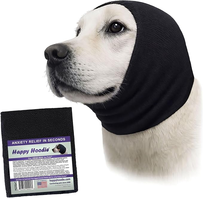 Happy Hoodie The Original Dog & Cat Calming Band - American Brand - Anxiety Relief/Noise Protection - Grooming - Thunder - Fireworks (Large, Black) - Since 2008