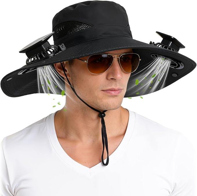 Hat with Fans Solar Power, UPF 50+ Wide Brim Sun Hat, Fishing Essentials for Hiking Beach Summer Safari