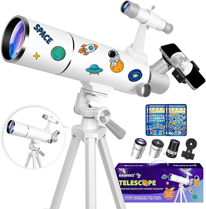 Hawkko Telescope for Adults & Kids – 80mm Aperture 500mm Telescopes for Adults Astronomy, (20X-150X) Portable Refractor Telescope Kit for Beginners with Decorate Stickers, AZ Tripod, Phone Adapter