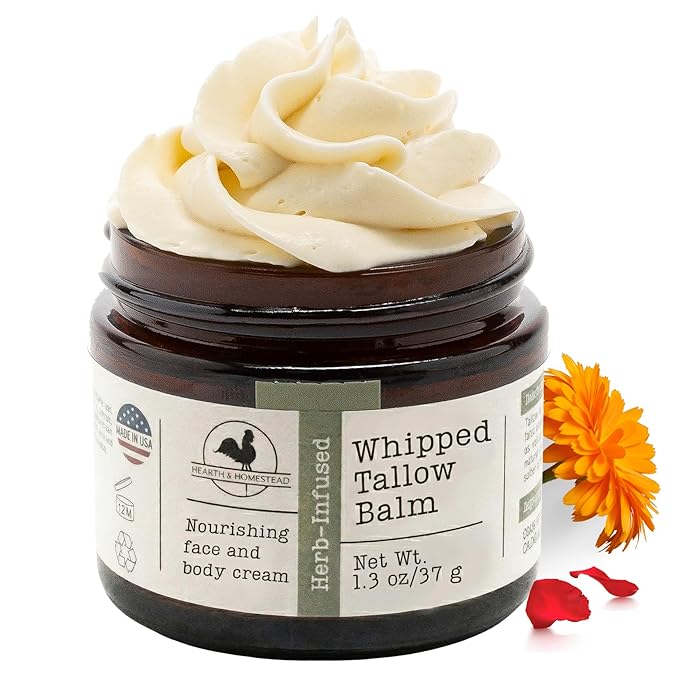 Hearth & Homestead Whipped Beef Tallow for Skin & Face - 100% Grass Fed, Eczema Cream & Body Butter - Organic Olive Oil, Calendula & Rose - Lotion & Hand Moisturizer for Dry Skin, Unscented, 1.3oz