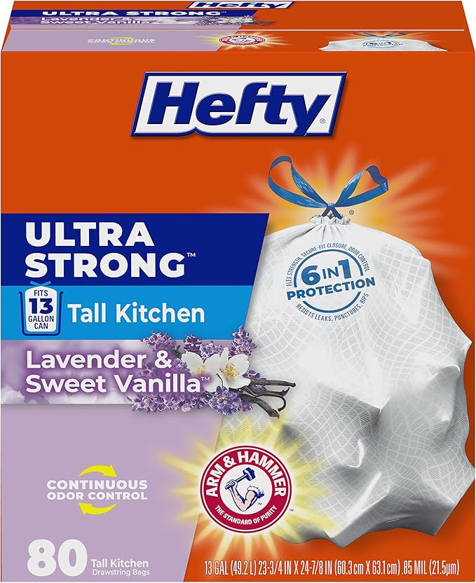 Hefty Ultra Strong 13 Gallon Trash Bags, Tall Kitchen, Drawstring Closure, Odor Control, White, Lavender, Sweet Vanilla, 80 Count